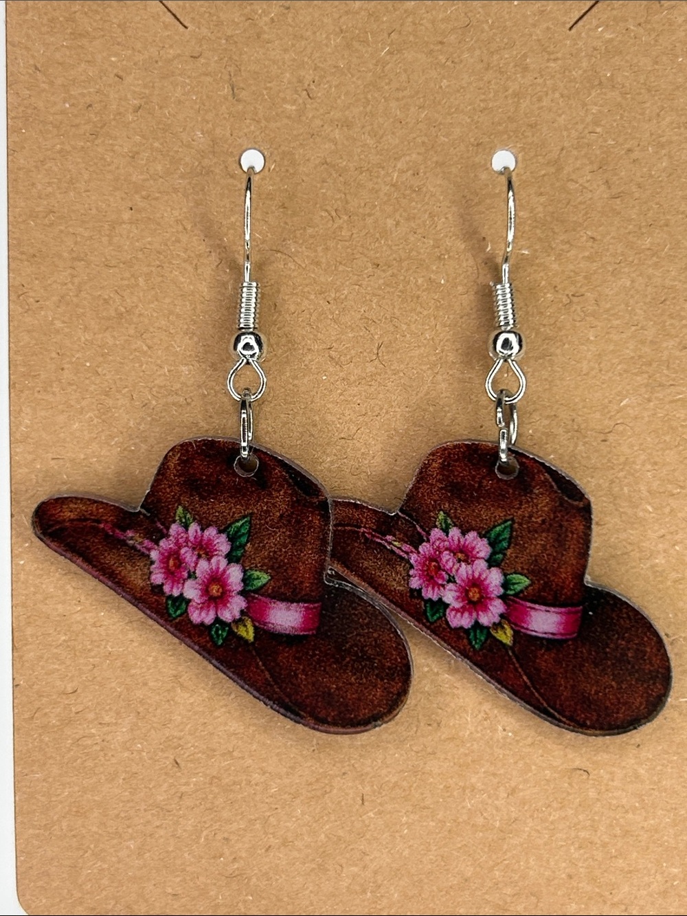 Brown Floral Cowboy Hat Dangle Earrings 2D Fashion Jewelry